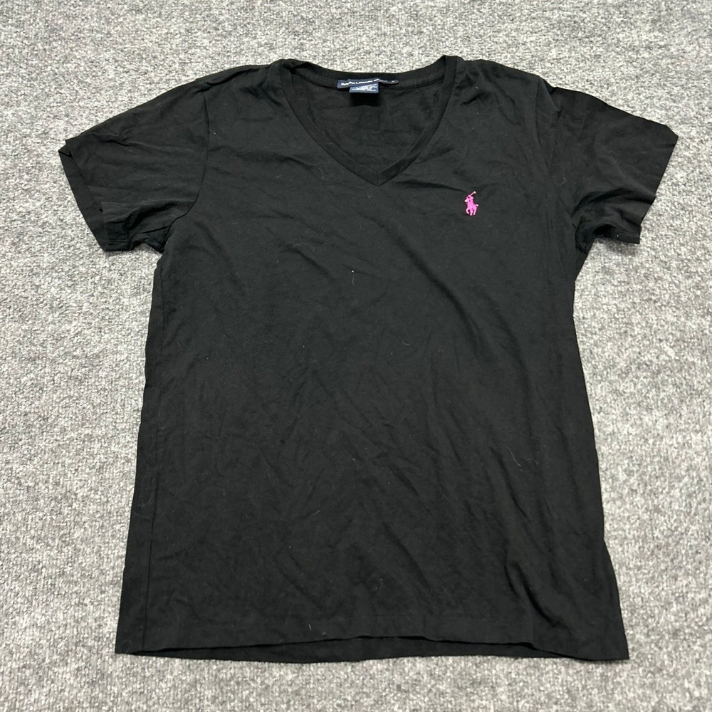 Ralph Lauren Sport T-Shirt Womens Size L Black V-Neck Cotton Pink Pony Logo